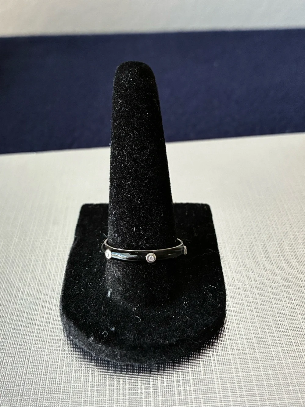 Sterling 925 Black Enamel Ring with Clear Stone Sz 9